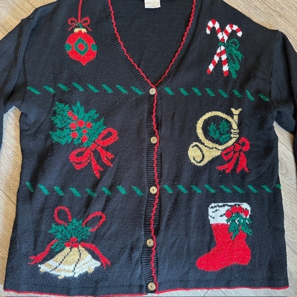 Style Studio Ugly Christmas Sweater Black‎ Button Up Cardigan Vintage Holiday 3X